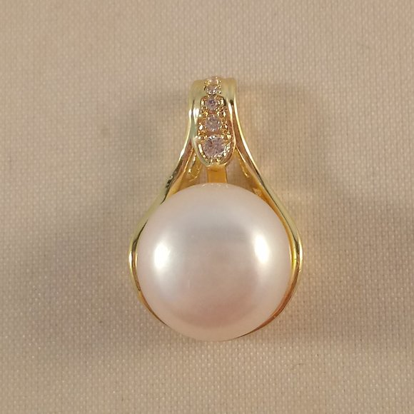 Gold 925 Silver Genuine White South Sea Pearl Diamond Zircon Necklace Pendant - Picture 3 of 4